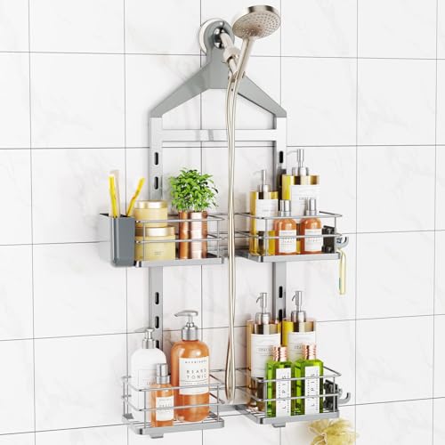 ODesign 2 Tier Height-Adjustable Shower Caddy Hanging Anti-Swing-Over The Shower Head Caddy-Storage Organizer Bathroom Shelves Basket-Silver - color: Silver, size: 2 Tier