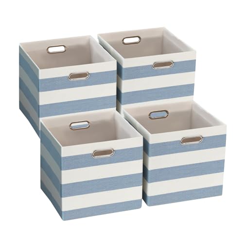 13 x 13 x 13 Inch Storage Bins, Collapsible Fabric Cubes, Cubby Organizer Bins Striped Container Baskets for Home Office Wardrobe Closet Shelf, Pack of 4, Blue/White Stripe - color: Blue/White, size: 13"x13"x13"