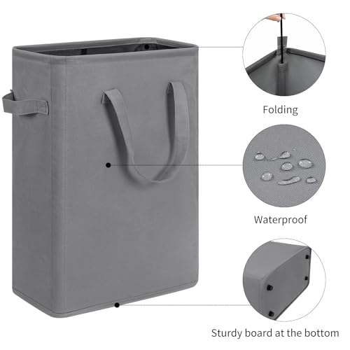 ZERO JET LAG Slim Laundry Hamper With Handles Collapsible Laundry Basket Thin Dirty Clothes Basket Narrow Laundry Bag Foldable Dirty Cloth Hamper 45L (24 inches,Grey) - color: Gray (With Handles)
