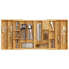 HOOBRO Large Silverware Organizer Kitchen Drawer Organizer, Magnetic Connected Expandable Utensil Organizer From 22 to 35 Inches, Bamboo 16 Slots Cutlery Tray with Knife Holder, Natural YL07TL01