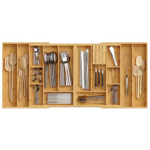 HOOBRO Large Silverware Organizer Kitchen Drawer Organizer, Magnetic Connected Expandable Utensil Organizer From 22 to 35 Inches, Bamboo 16 Slots Cutlery Tray with Knife Holder, Natural YL07TL01