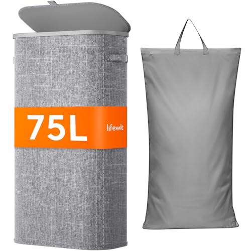 Lifewit Slim Laundry Basket with Lid, Narrow Large Laundry Hamper with Plastic Handles and Removable Bag, Tall Foldable Dirty Clothes Hampers for Laundry Room, Bedroom, Bathroom, Dorm, 75L Gray - color: Gray, size: 75L