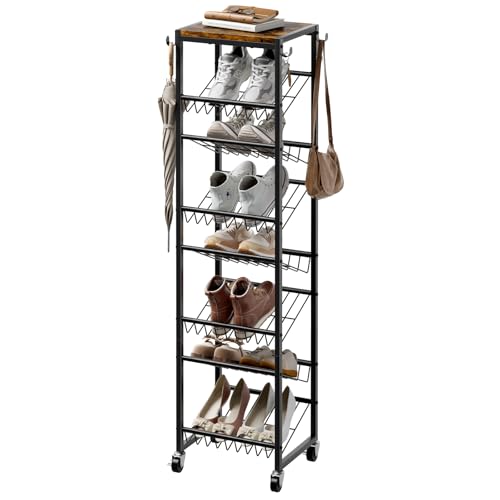 8 Tier Rotating Vertical Shoe Rack Tower, Wooden Tall Shoe Storage Organizer with Hooks, Sturdy Metal Narrow Shoe Shelf for 8-16 Pairs, Space Saving Rack for Closet Entryway, Rustic Brown - size: 8-tier(13.9 × 11.2 × 52.0)