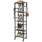 8 Tier Rotating Vertical Shoe Rack Tower, Wooden Tall Shoe Storage Organizer with Hooks, Sturdy Metal Narrow Shoe Shelf for 8-16 Pairs, Space Saving Rack for Closet Entryway, Rustic Brown - size: 8-tier(13.9 × 11.2 × 52.0)