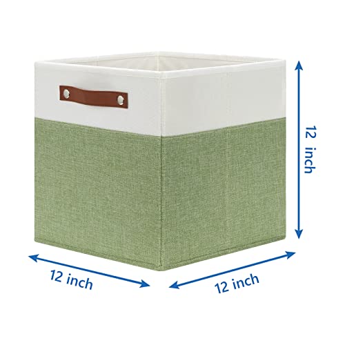 Temary 12 Inch Fabric Storage Cubes Storage Bins with Leather Handles, 4 Pack Cube Baskets Bins for Organizing Closet, Foldable Cloth Baskets for Shelves (White&Green) - color: White&Green, size: 12×12×12