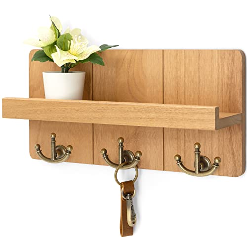 Rebee Vision Farmhouse Key Holder for Wall: Decorative Small Mail Organizer with Shelf and Rustic Mail Holder with 3 Anchor Key Hooks - Retro Home Decor Wall Mount for Entryway, Hallway (Light Brown) - color: Light Brown