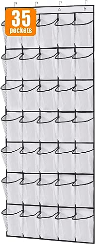 MISSLO 35 Large Pockets Over The Door Shoe Organizer Sturdy Oxford Fabric Hanging Shoe Rack for Door Mesh Closet Shoe Holder Hanger, White - color: White, size: 24.5x68.5