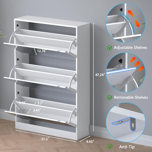 BORNOON Shoe Cabinet with 3-Flip Mirror Drawers, Freestanding Shoe Rack Organizer with Hidden Handle, Slim Narrow Shoe Storage Cabinet for Entryway, Entrance, Hallway, Bedroom - color: White, size: 3-Drawer with Mirror