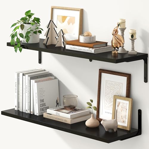 Fun Memories Deep Floating Shelves, 32W x 8D Floating Shelves Set of 2, Wall Mounted Shelf with Metal Brackets, Rustic Wood Wall Shelf for Bathroom, Kitchen and Living Room, Black - color: Black- L Bracket, size: 31.5"W x 8"D
