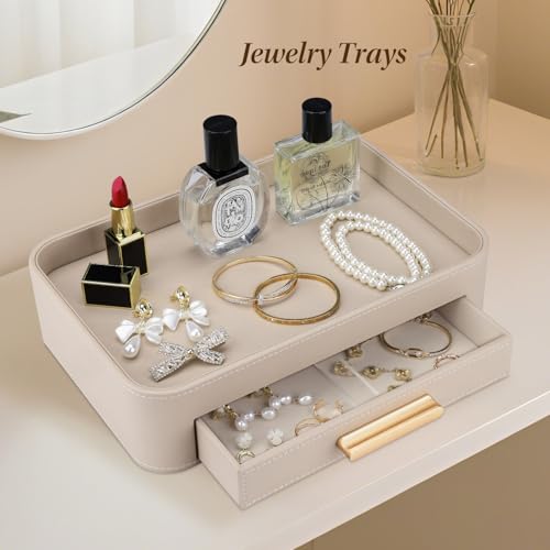 GORESE Valet Jewelry Tray Nightstand Organizer with Drawer, PU Leather Perfume Tray Trinket Trays for Vanity Bathroom Entryway, Catchall Trays for Key Purse Watch Cologne, Gift for Women Men, Beige - color: Beige