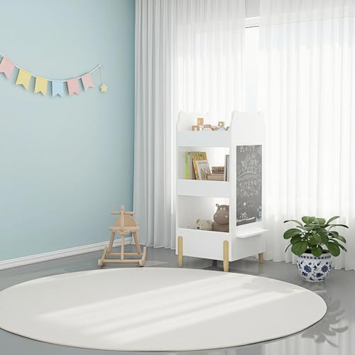 Kid Toy Bookcase,3-Tier Bear Shaped Wooden Kids Bookshelf with Legs, Montessori Bookshelf with Blackboard for Toys and Books, Storage Organizer for Living Room/Bedroom/Nursery/Kids Room-White