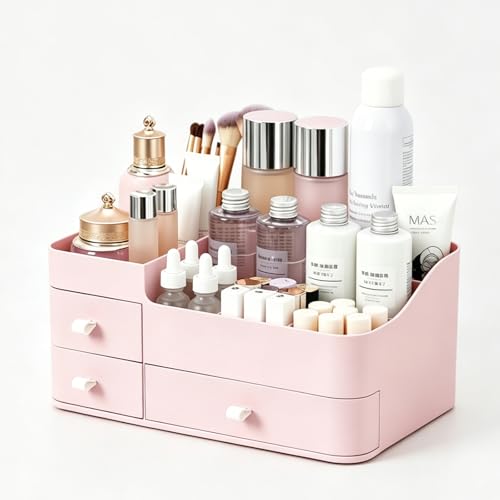MIUOPUR Makeup Organizer with Drawers, Bathroom Counter Organizer, Plastic Cosmetic Display Case, Large Skincare Storage for Vanity Countertop, Ideal for Bedroom Dresser top and Desktop - color: Pretty Pink