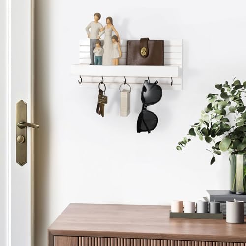 Lwenki Decorative Key Holder for Wall with Shelf, Entryway Shelf with Hooks Holds Leashes, Jackets and Glasses – Sturdy Wood Keyholder Entrance Hanger with Mounting Hardware (White, Medium) - color: White, size: Medium