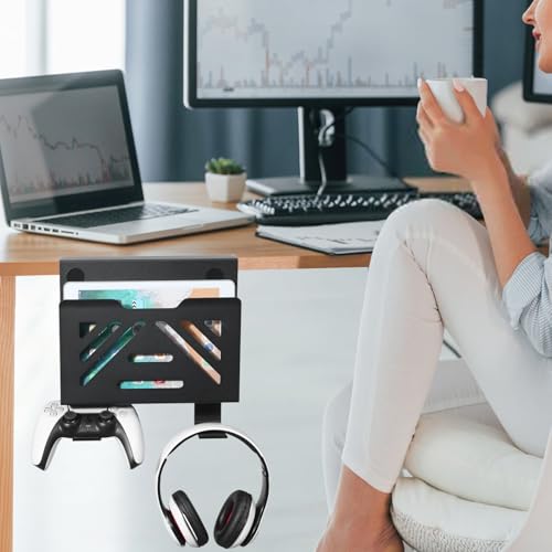 MAXECHO Desk Side Storage, Under Desk Laptop Mount, Table Side Hanging File Organizer, No Drill Clamp On Cable Management Tray, Laptop Holder with 2 Hooks for Office and Home, Load 22 Lbs - color: Black, size: Single-deck with 2 Hooks