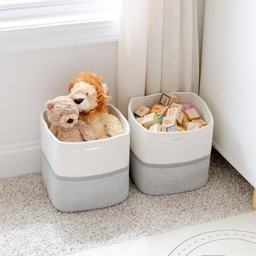 NaturalCozy Storage Cubes 11 Inch Cotton Rope Woven Baskets for Organizing, 3-Pack | Cube Storage Bin | Square Storage Baskets for Shelves Organizer, Classroom, Kids Toy Bins, Closet, Baby Nursery - color: Off White & Gray & Mixed Gray