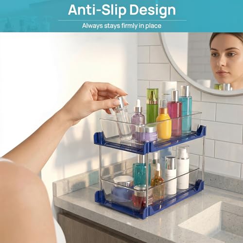 2 Pack Bathroom Organizer,2 Tier Blue Under Sink Organizers Vanity Countertop Storage Container,Cabinet Drawers Bins, Pull-Out Organization with Track for Pantry, Kitchen - color: Blue, size: 2 Pack