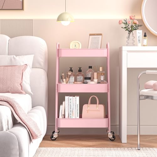 TOOLF 3-Tier Rolling Cart - Metal Utility Storage Organizer with Lockable Wheels, 33 lbs Per Shelf, Tool-Free 5-Min Assembly, for Kitchen Bathroom Office Nursery Craft Room, Pink - color: Pink, size: 3-Tier