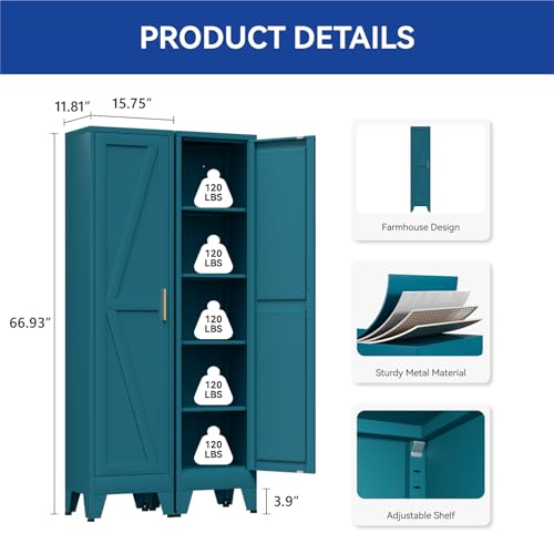 COFaR 67'' Tall Narrow Bathroom Storage Cabinet, Metal Farmhouse Skinny Pantry Cabinet with 4 Adjustable Shelves and One Door, Slim Cabinet Storage for Kitchen Laundry, 5-Tier Peacock Blue - color: Peacock Blue, size: 67 Tall Single Door-Farmhouse