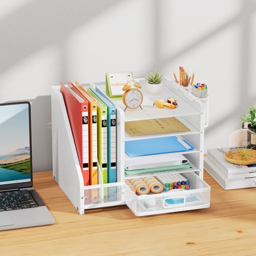 Marbrasse Desk Organizer with File Holder, 5-Tier Paper Letter Tray Organizer with Drawer and 2 Pen Holder, Mesh Desktop Organizer and Storage with Magazine Holder for Office Supplies (Wood-White) - color: Wood-White