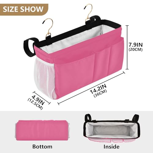 Neon Rose Red Bedside Caddy Storage Bag Bedside Organizer for Dorm Room Top Bunk Bed Hanging Bag Bedside Shelf 6 Pockets with Hooks for Magazine Water Bottle Holder - color: Neon Rose Red