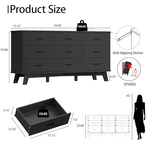 Xixini Dresser for Bedroom, Wide Wood 9 Drawer Modern Chest of Drawers with X-Shaped Sturdy Base, Double Dresser Closet Clothes Storage Organizer, Wooden TV Stand for Living Room, Hallway, Black - color: Black, size: 15.6"D x 59.1"W x 29.5"H (9 Drawers)