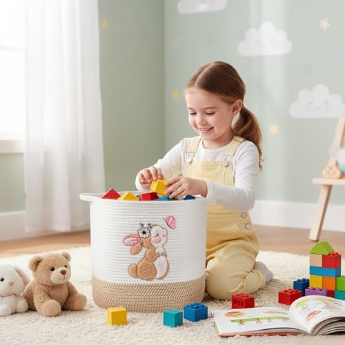INough Large Blanket Baskets for Living Room, Bunny Baskets Toy Storage Basket Woven Cotton Rope Basket for Kids, Toys Organizer Clothes Hamper with Embroidery, Laundry Hamper Nursery Decor ( Large ) - color: Bunny, size: Large