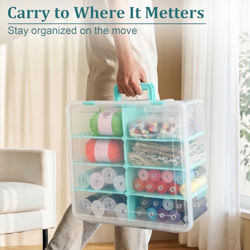 BTSKY Clear Plastic Dividing Storage Box with 8 Deep Compartments Adjustable Storage Bin with Lid Portable Craft Storage Container Multipurpose Sewing Box Art Supply Organizer, 15.1x13.9x6.1 Inches - size: 15.1x13.9x6.1 Inches-Clear