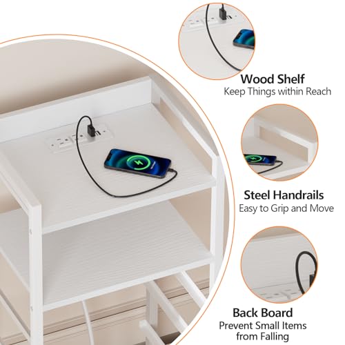 Furnulem White Nightstand with Charging Station, Night Stand Side Table with Led Light, Tall Dresser for Bedroom with 4 Fabric Storage Drawers, Metal Frame, Wood Shelf(White) - color: White, style: 4 Drawer