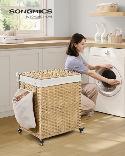 SONGMICS Laundry Hamper with Lid, 38.3 Gallons (145 L), Rolling Laundry Basket with Wheels, 2-Section Synthetic Rattan, Removable Liner, Bedroom, 21.7 x 15.7 x 26 Inches, Natural Color ULCB262Y01 - color: Natural, size: 145 L
