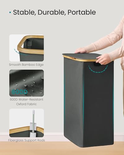 SONGMICS Laundry Hamper, Laundry Basket with Lid, Foldable Storage Basket, Bamboo Frame, for Bedroom, Living Room, Oxford Fabric, 26.4 Gal. (100 L), Slate Gray ULCB518GN01 - color: Slate Gray, size: 100 L (1-Section)