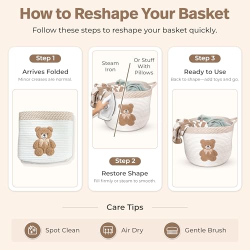 Teddy Bear Storage Basket for Nursery – Large 15"x11" Cotton Rope Bin with Soft Embroidered Bear Patch – Gender Neutral Toy Organizer, Baby Laundry Hamper, Blanket & Diaper Holder - color: Neutral Teddy