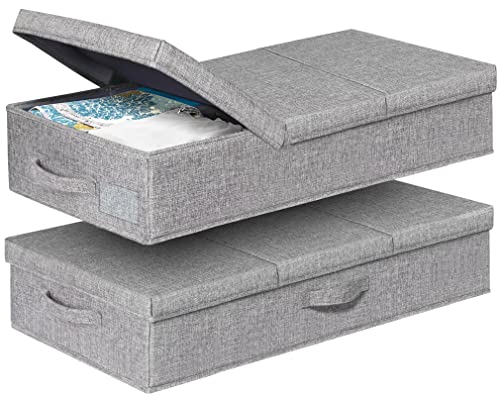 punemi Under Bed Storage With Lids, 2 Pack Large Underbed Storage Containers Clothes W/ 3 Handles, Foldable Low Profile Stackable Drawer Organizer Bins Box for Blanket Shoe Bedroom, 31.1*15.7*6inch - color: Grey-2pack, size: 6 inch Tall