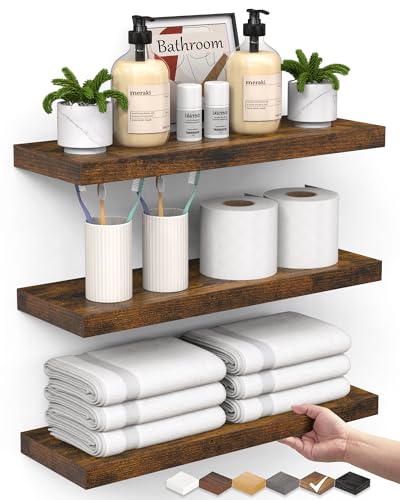 BAYKA Bathroom Floating Shelves for Wall Set of 3 - Rustic Brown Farmhouse Wood Shelves Over Toilet for Bedroom, Kitchen, or Living Room Decor Display, Storage for Plants, Toilet Paper or Bath Towels - color: B. Rustic Brown - Americana Farmhouse Style, s