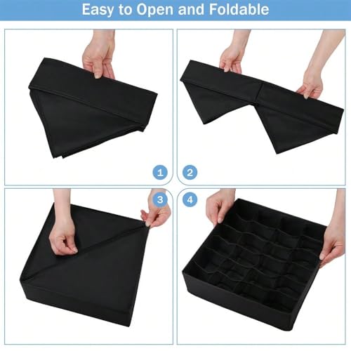 Socks Underwear Storage Box - 24 - Grid Foldable Drawer Organizer for Closet Space Saving, Black