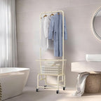 Rolling Laundry Cart with Wheels, Laundry Hamper Basket Organizer with Clothes Hanging Rack, Wire Storage Cloth Shelf Butler, Cream - color: Cream