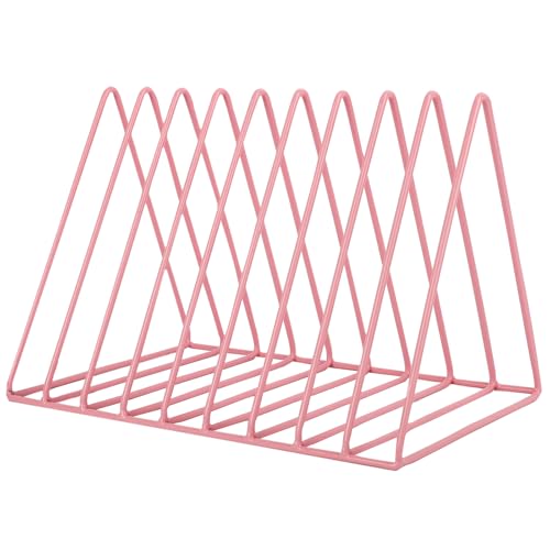 EASEPRES Vinyl Record Holder Storage, 9 Slot Metal Magazine Book Album Display Rack, Stylish Triangle Desktop File Sorter Organizer for Home Office, Pink - color: Pink