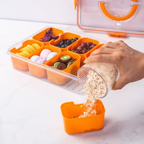 WACOI Divided Snack Serving Tray with Lid and Handle Travel Snackle Charcuterie Container Portable Storage Organizer for Candy, Fruits, Nuts, Snacks, Party, Picnic (1pack, Orange) - color: Orange