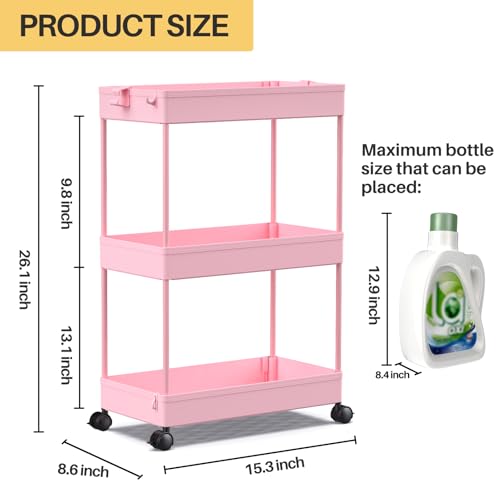 SPACEKEEPER Rolling Storage Cart 3 Tier, Bathroom Cart Organizer Laundry Room Organizer Utility Cart Mobile Shelving Unit Multi-Functional Shelves for Office, Kitchen, Bathroom, Pink - color: Pink, size: 3 Tier