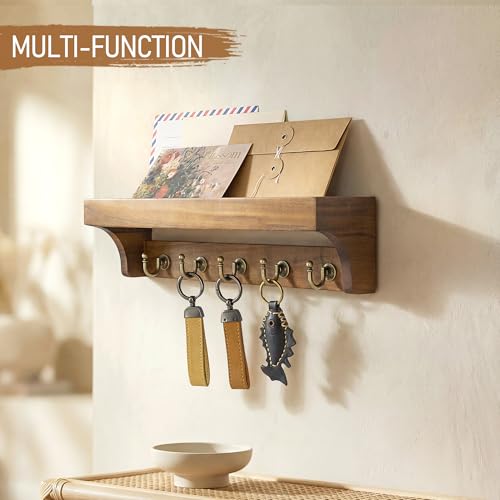 Rebee Vision Acacia Wood Farmhouse Key Holder Wall Mount for Room Decor – Retro Key Holder for Wall with Shelf for Cute Things– Stylish Home Storage for Apartment Essentials (Acacia Wood) - color: Acacia