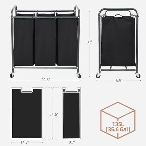 STORAGE MANIAC 3 Section Laundry Sorter, 35.9 Gal (136 L) Laundry Hamper Cart with Heavy Duty Rolling Lockable Wheels and Removable Bags, Clothes Organizer Basket Clothes Separator Hamper, Black - color: Black, size: 3 Section