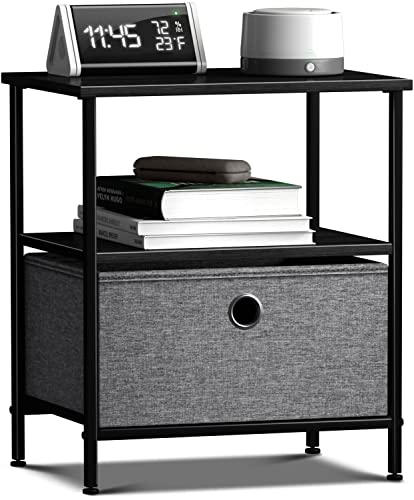 Sorbus Nightstand 1-Drawer Shelf Storage - Bedside Furniture & End Table Chest Dresser with Steel Frame, Wood Top & Easy Pull Fabric Bins for Home, Bedroom, Closets, Bathroom, Office & College Dorm - color: Black/Charcoal, style: 1 Drawer