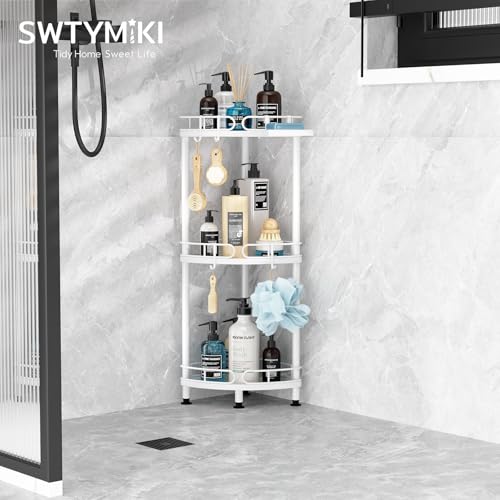 SWTYMIKI Corner Shower Caddy Standing - 3 Tier Stainless Steel Shower Organizer Stand with 4 Hooks & Soap Holder, Rustproof Metal Standing Tall Floor Shower Shelf and Bathroom Organizer, White - color: White-3 tier