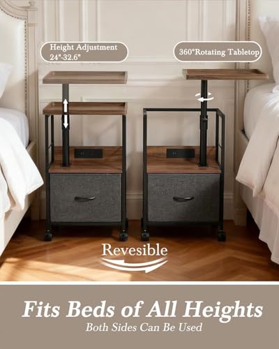 Swivel Lift Top Nightstand with Charging Station, Vacuum Forming Rolling Side Table for Recliner, Bedside Table with Wheels & a Fabric Drawer, for Small Spaces, for Bedroom, Living Room, Walnut Gray - color: Walnut Gray, size: 1 Drawer (Vac-Form)