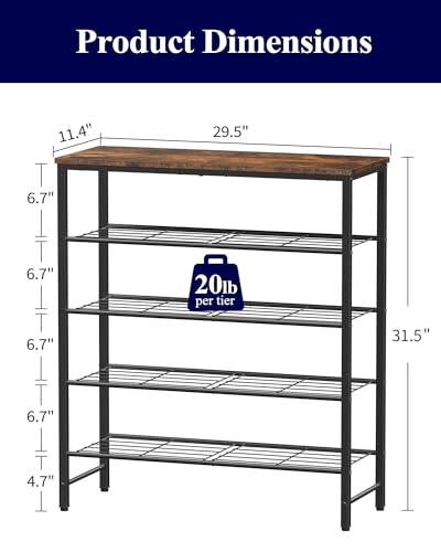 Kitsure Shoe Rack for Closet, Rustic Brown Shoe Organizer with Leveling Feet, Sturdy & Rust-Proof Shoe Storage for Entryway, Bedroom, Living Room, 29.5" x 11.4" x 31.2", Brown - color: Brown, size: 29.5" x 11.4" x 31.2"