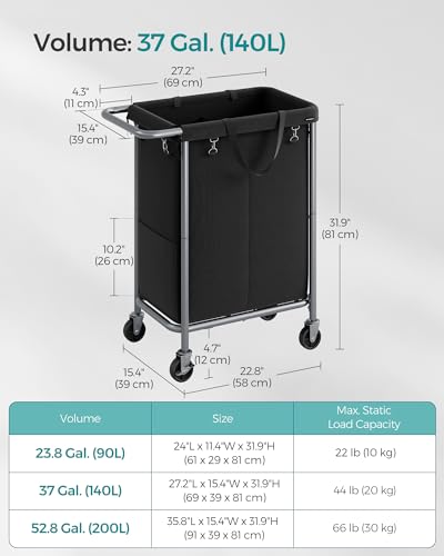 SONGMICS Laundry Basket with Wheels, 2-Section Rolling Laundry Hamper, 37 Gallons (140 L), Removable Liner, Steel Frame with Handle, 27.2 x 15.4 x 31.9 Inches, Ink Black URLS004B01 - color: Ink Black, size: 140 L (2-Section), style: Rectangular with handl