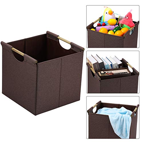 HOONEX Collapsible Storage Bins, 13x13x13 Inches Storage Cubes Linen Fabric, 3 Pack, Storage Baskets with Wooden Carry Handles and Sturdy Heavy Cardboard, for Home, Office, Car, Nursery, Brown - color: Brown, size: 13" L x 13" W x 13" H