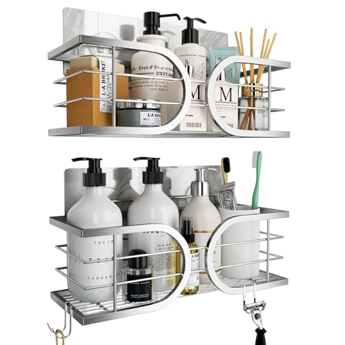 Shower Caddy No Drill Wall Mounted 304 Stainless Steel Durable Large Capacity Adhesive Shower Rack Organiser Quick Dry Rustproof Bathroom Storage Shelves - 2 Pack (Silver) - color: Silver, size: 2 Pack
