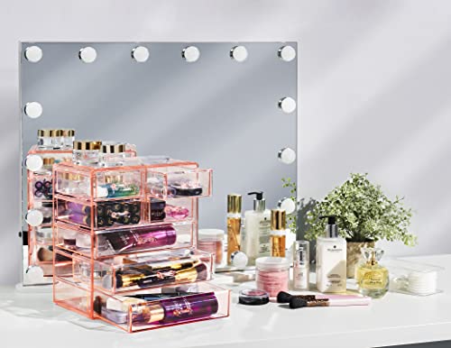 Sorbus Acrylic Makeup Organizer Set, 7-Drawer Vanity & Countertop Cosmetic Storage with Small & Wide Drawers, Pink Makeup Storage for Brushes, Lipsticks, Jewelry – Holiday Gift for Women & Teens - color: Pink, style: 3 Large, 4 Small Drawers