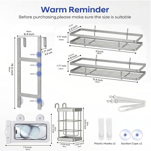 Over the Door Shower Caddy Hanging, Rustproof Shower Shelves with Waterproof Phone Pouch, 2-Tier Adjustable Bathroom Organizers and Storage, No Drilling Shampoo Soap Shelf (Silver 2-Tier) - size: Silver 2-Tier