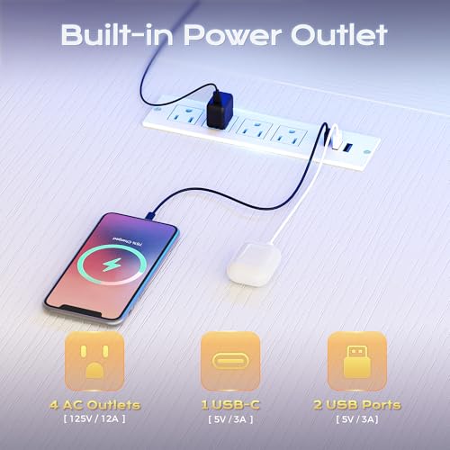 PRAISUN 57 Inch L Shaped Gaming Computer Desk with Larger Open Cabinet, Reverisble Office Desk with Power Outlets, LED Lights, Work Desk, Fabric Drawer, Adjustable Wood and Mesh Shelf, White - color: White